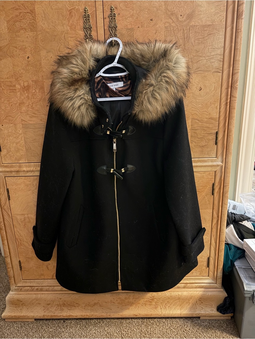 Nine West Wool Blend Black Coat with Removable Faux Fur Trim Hood